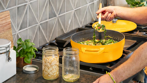 Cooking Soup in Yellow Dutch Oven